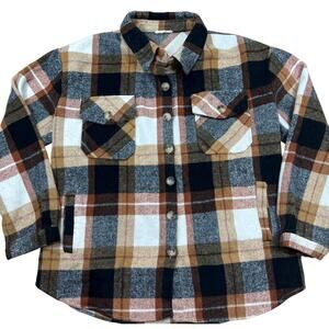 Jodifl Women’s Plaid Shacket M Brown Tan Cream Long Sleeve Flannel Jacket